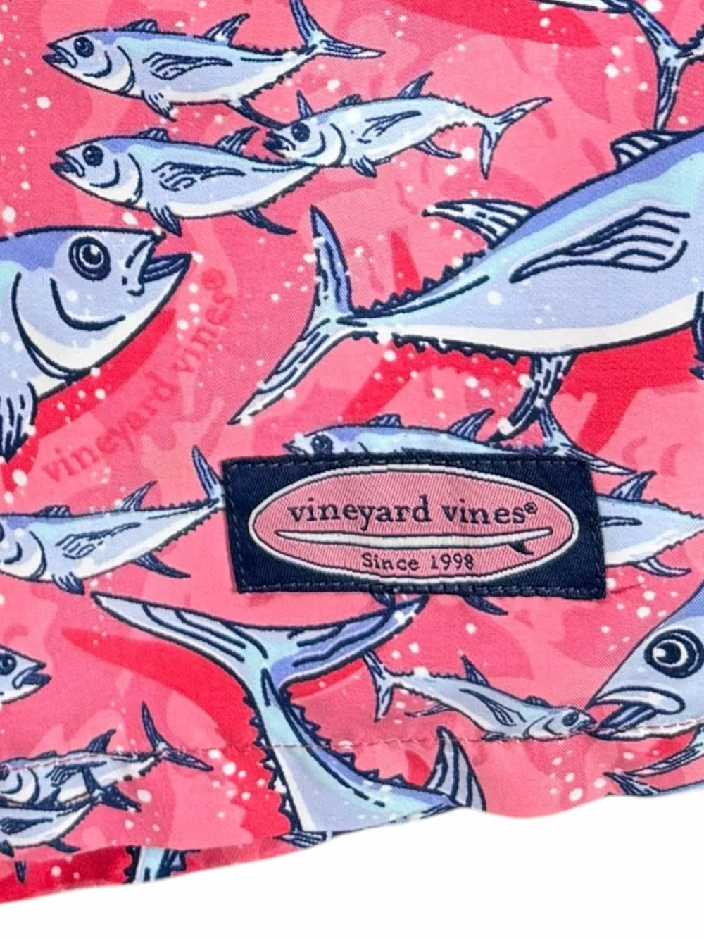 Vineyard Vines Chappy Swim Trunks XL Pink Tuna Fish Print 7” Mesh Lined